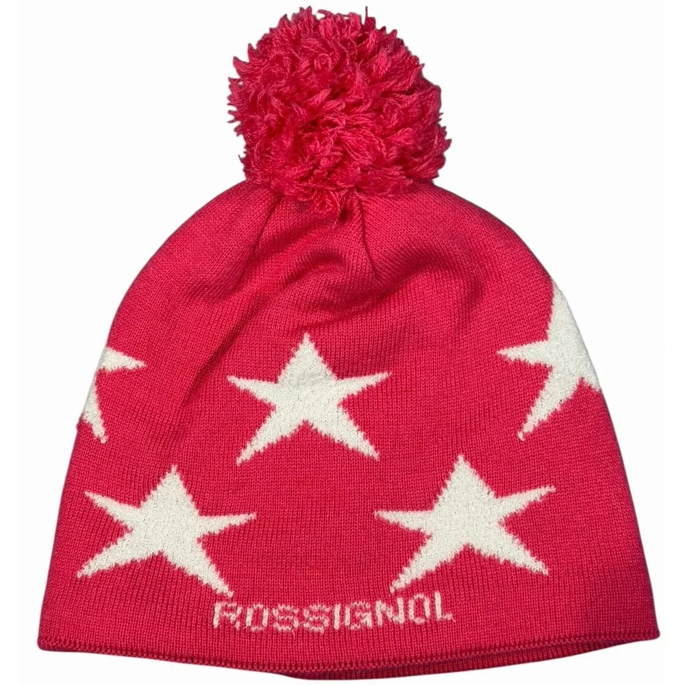 Rossignol Junior Beanie Pom Pom Fleece Lined Hat Girls OS Stars Pink Metallic